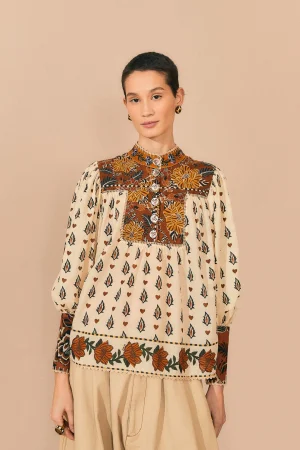 FARM Rio BEIGE AINIKA FLORAL LONG SLEEVE BLOUSE Fashion