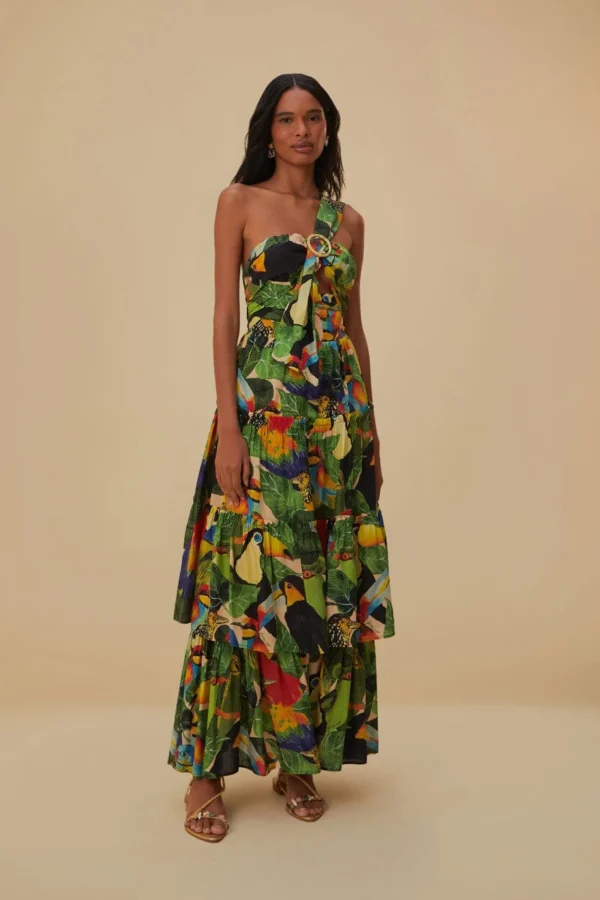 FARM Rio BIRD LEAVES SAND ONE SHOULDER MAXI DRESS Fashion