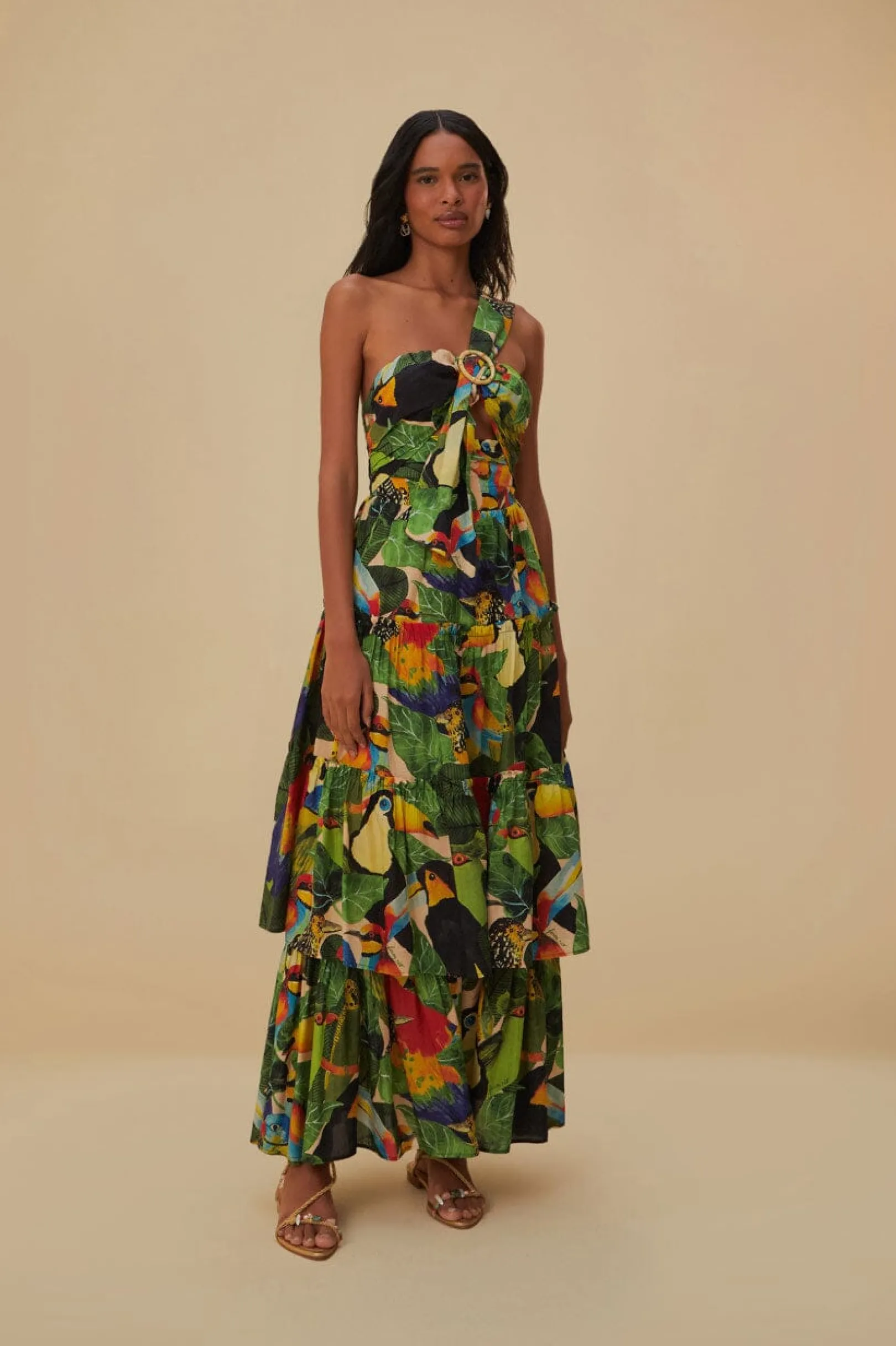 FARM Rio BIRD LEAVES SAND ONE SHOULDER MAXI DRESS Fashion