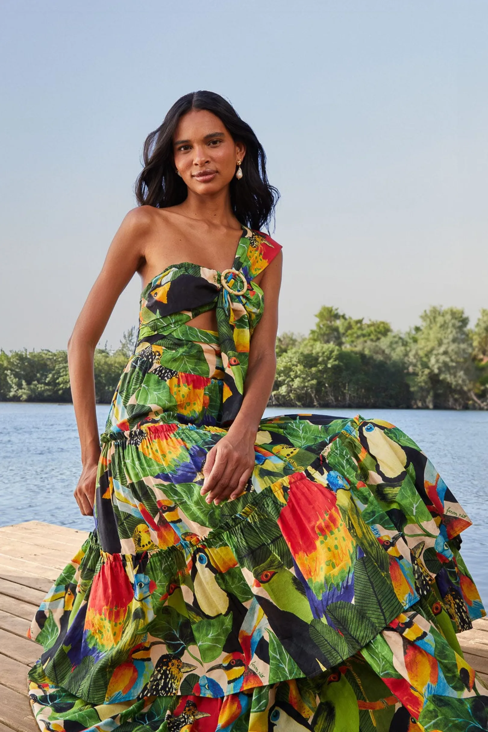 FARM Rio BIRD LEAVES SAND ONE SHOULDER MAXI DRESS Fashion