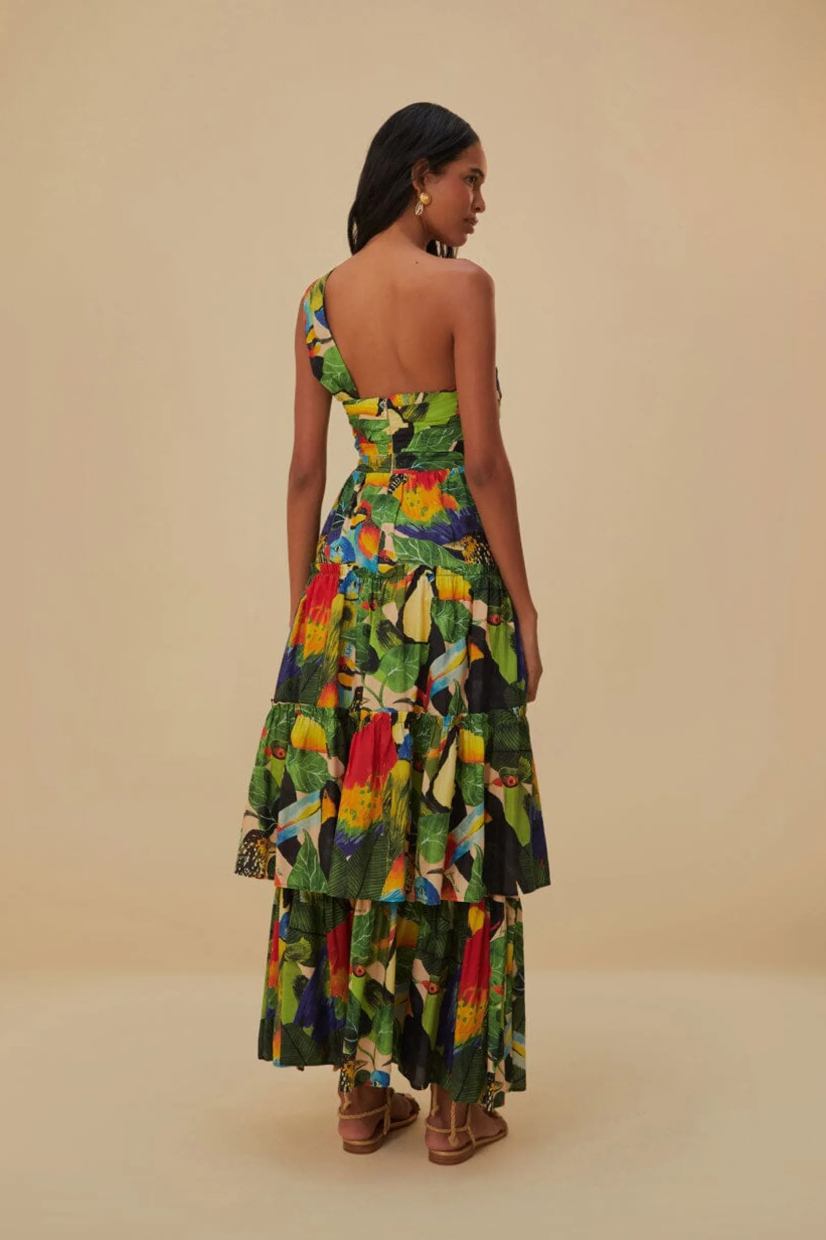 FARM Rio BIRD LEAVES SAND ONE SHOULDER MAXI DRESS Fashion