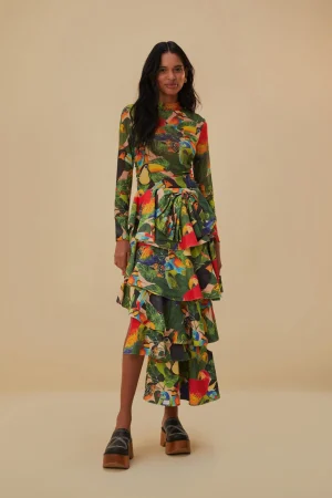 FARM Rio BIRD LEAVES SAND TIERED BOW DETAIL MAXI SKIRT New