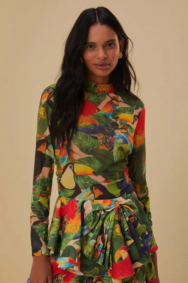 FARM Rio BIRD LEAVES SAND TULLE BLOUSE Sale