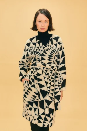 FARM Rio BLACK & WHITE HEART DECO MAXI FLEECE COAT Clearance