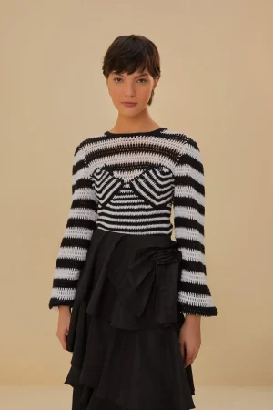 FARM Rio BLACK AND WHITE STRIPES CROCHET BLOUSE New