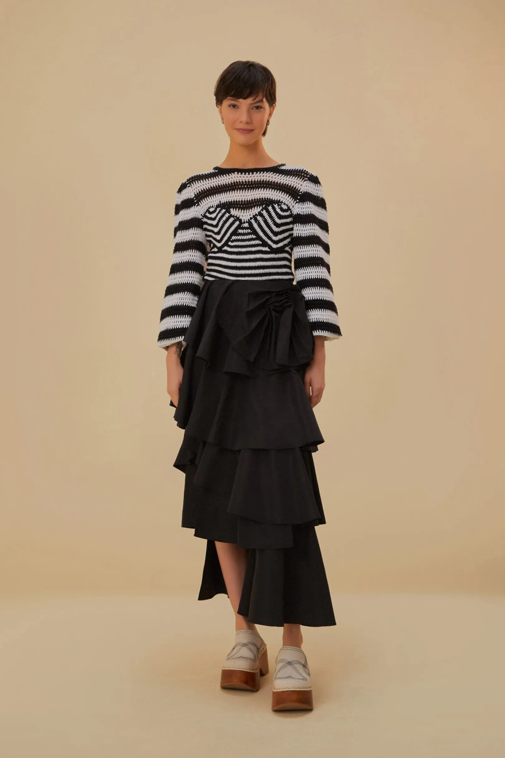 FARM Rio BLACK AND WHITE STRIPES CROCHET BLOUSE New