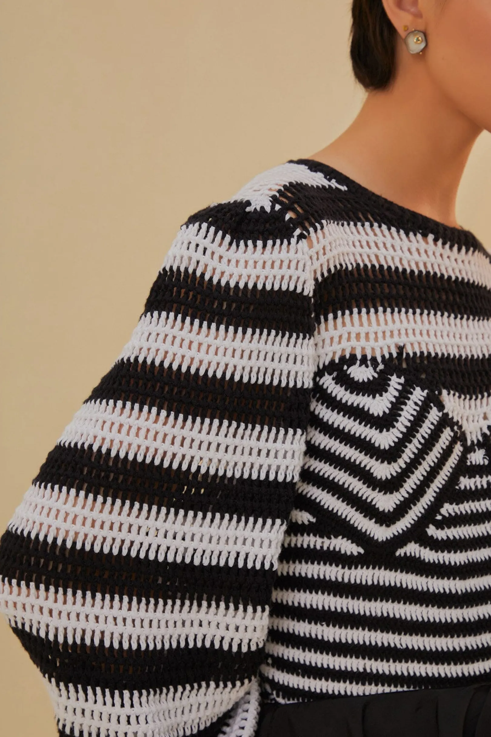 FARM Rio BLACK AND WHITE STRIPES CROCHET BLOUSE New