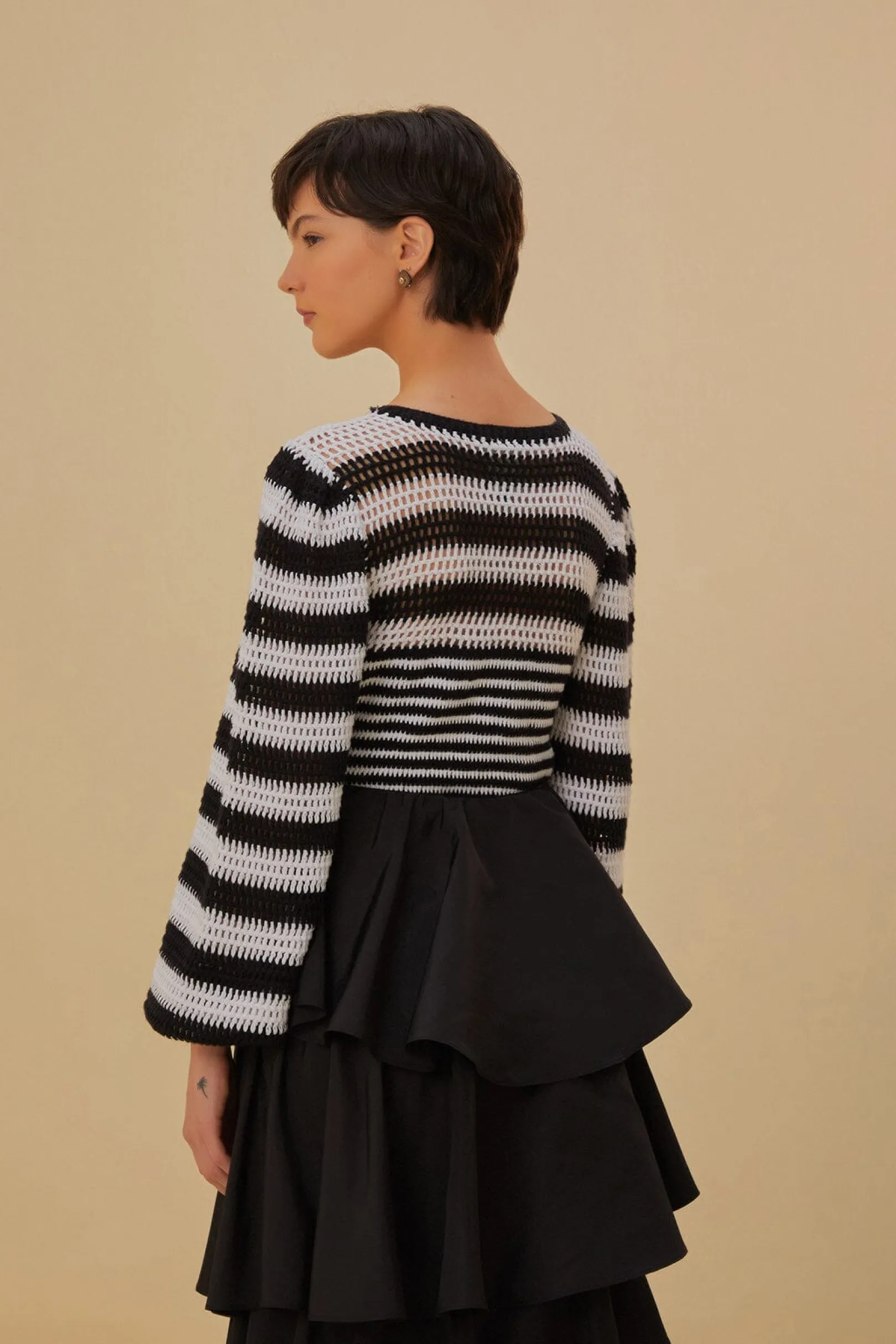 FARM Rio BLACK AND WHITE STRIPES CROCHET BLOUSE New