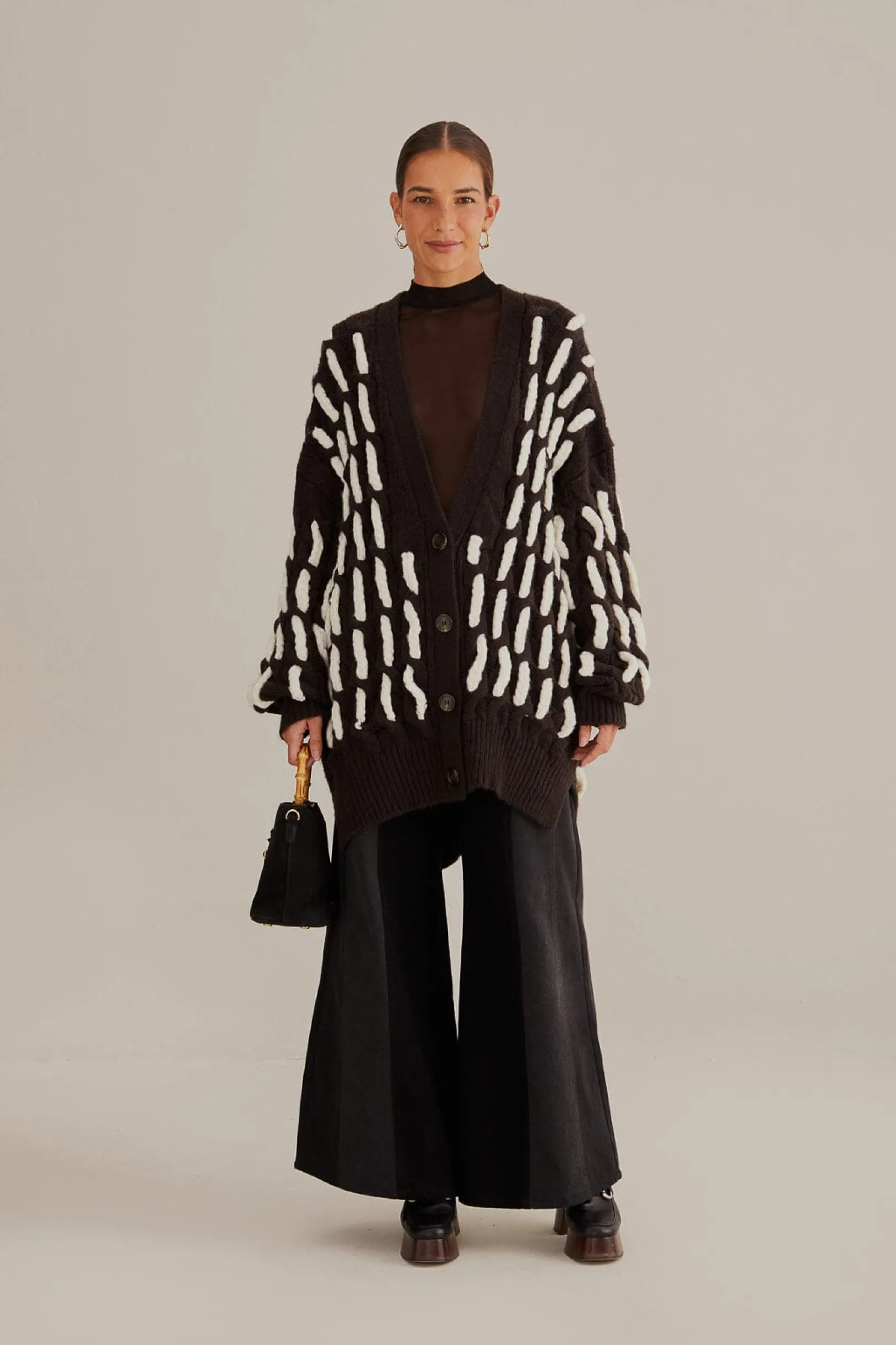 FARM Rio BLACK AND WHITE TEXTURED KNIT CARDIGAN Flash Sale
