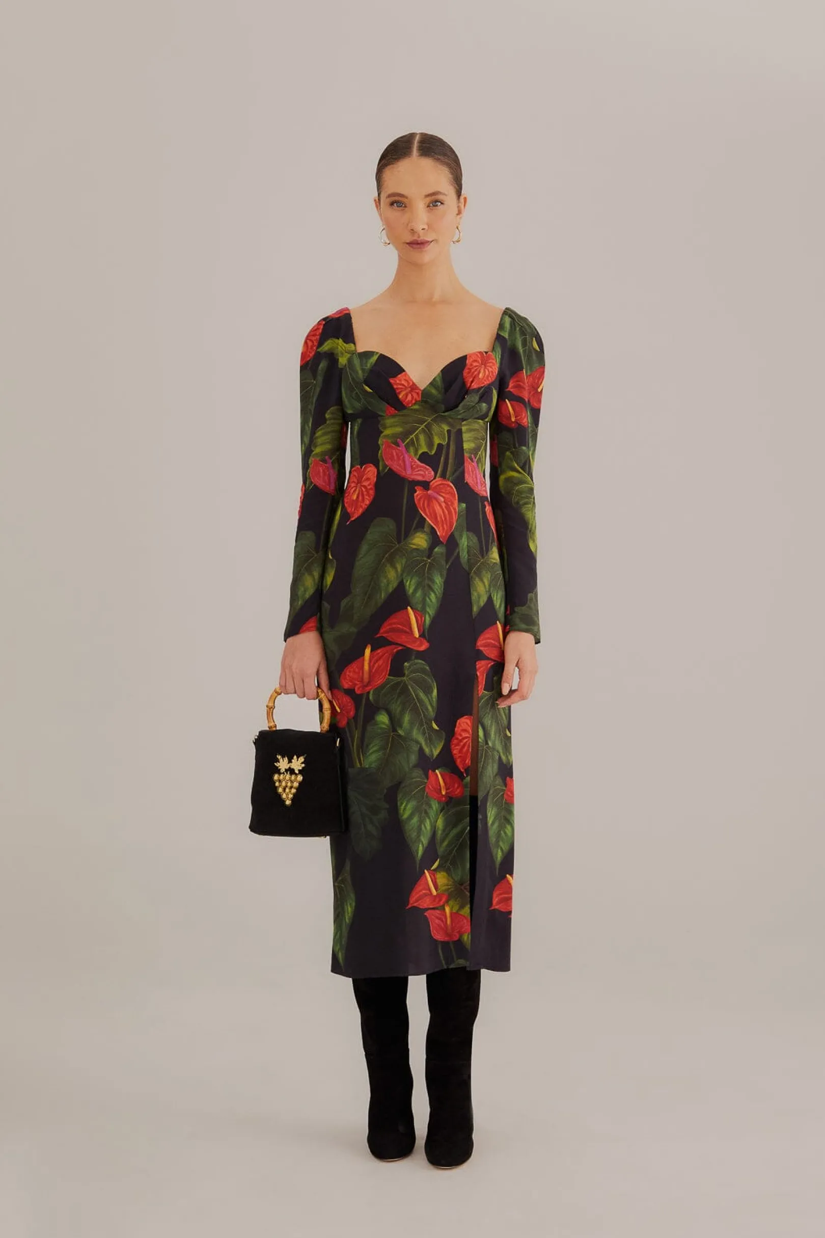 FARM Rio BLACK ANTHURIUM SLIT MIDI DRESS Clearance