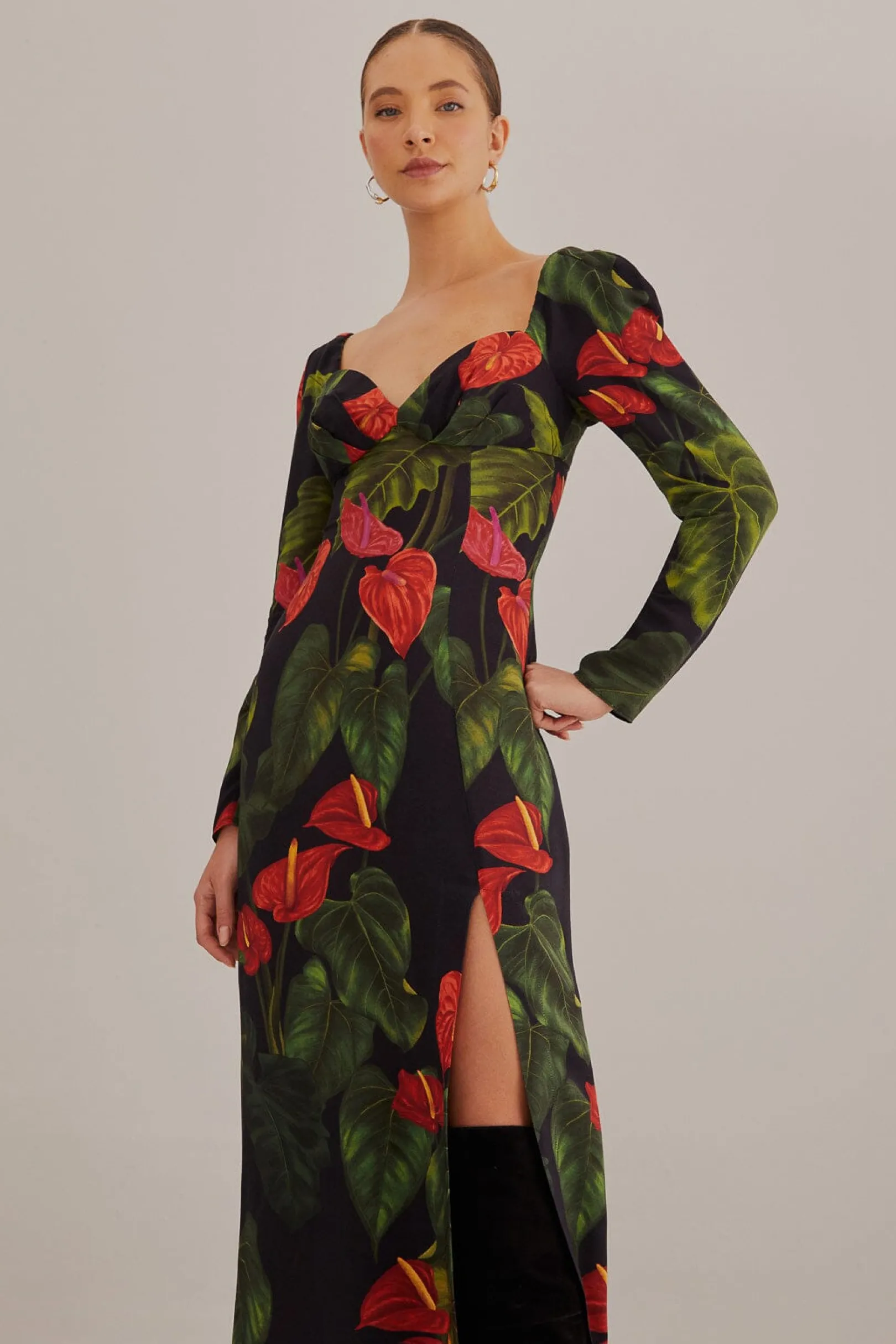 FARM Rio BLACK ANTHURIUM SLIT MIDI DRESS Clearance