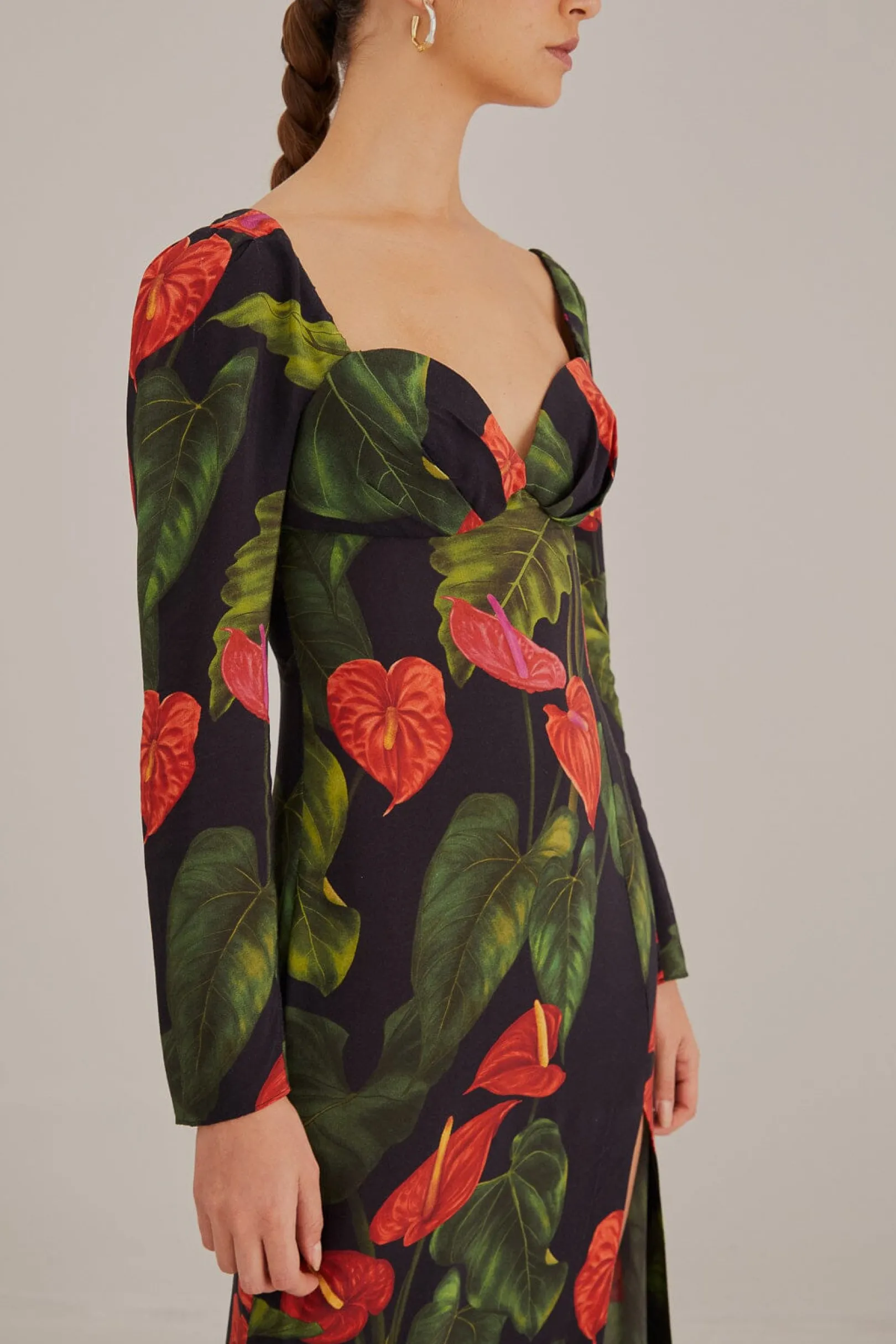 FARM Rio BLACK ANTHURIUM SLIT MIDI DRESS Clearance