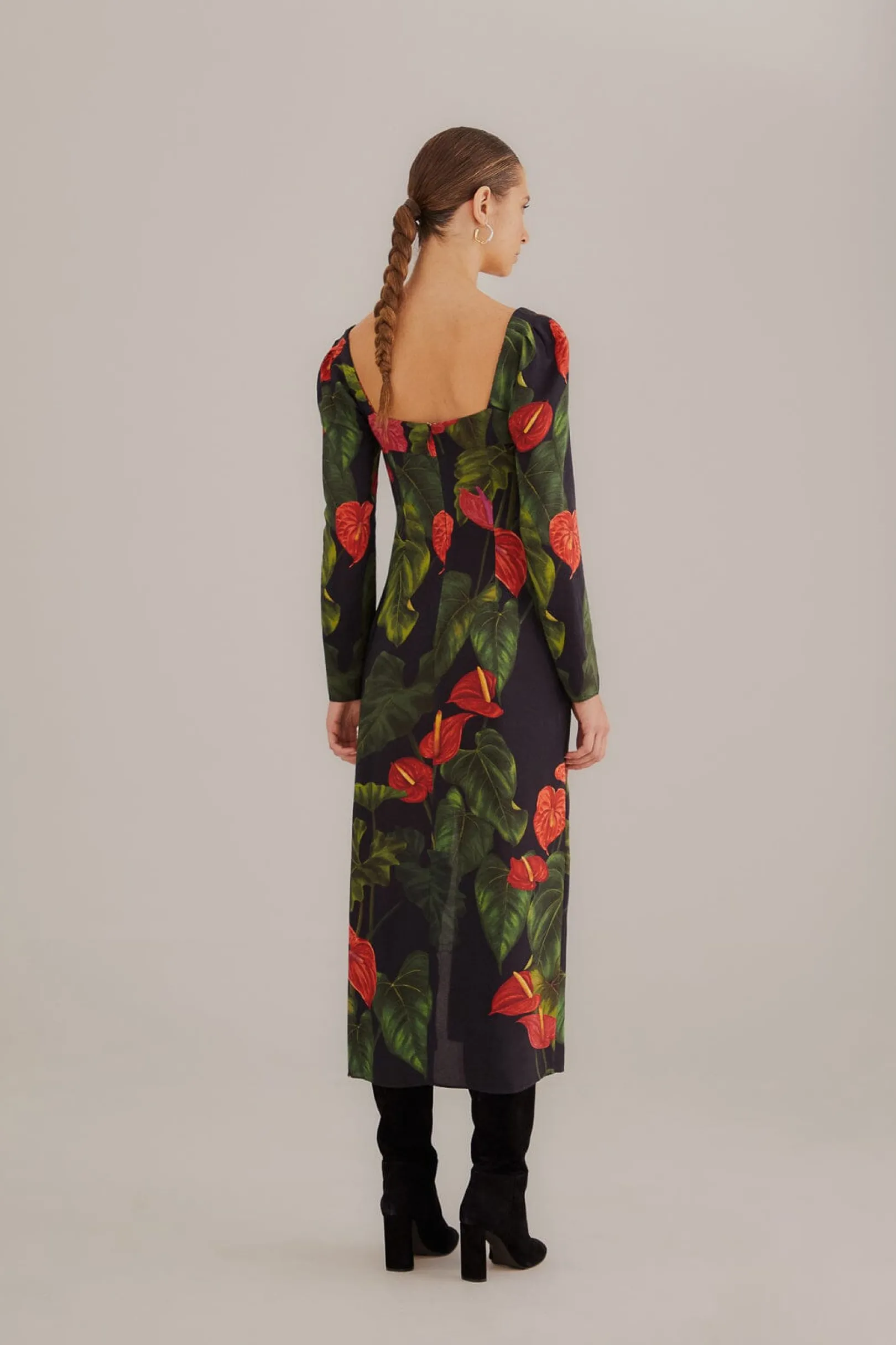 FARM Rio BLACK ANTHURIUM SLIT MIDI DRESS Clearance