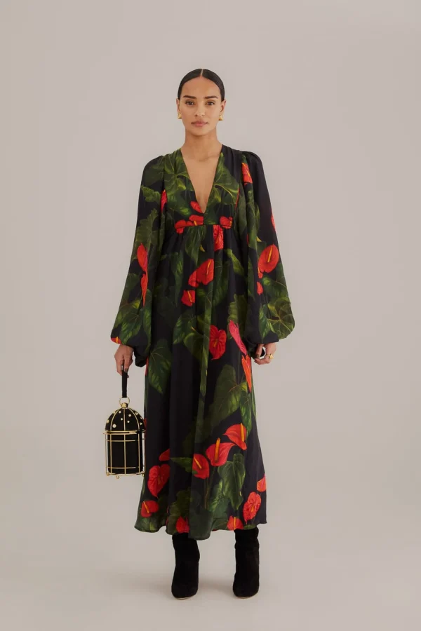 FARM Rio  BLACK ANTHURIUM V NECK MAXI DRESS Outlet