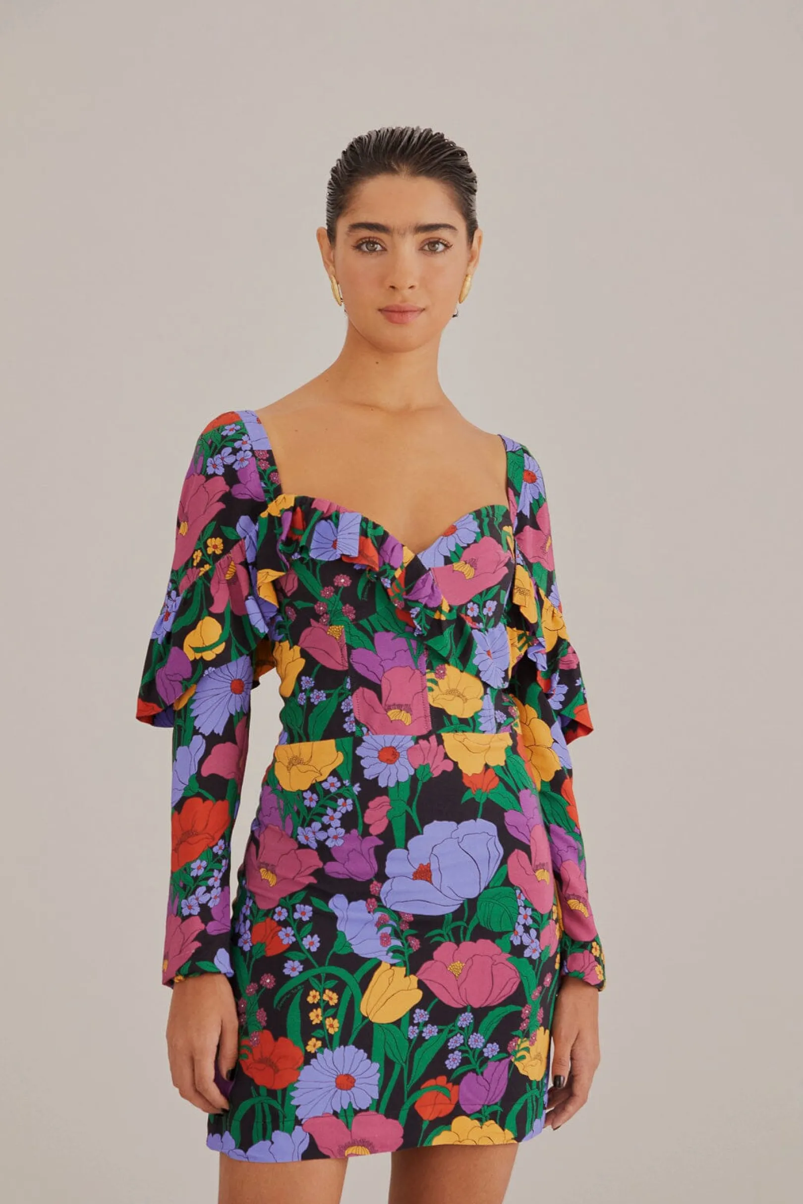 FARM Rio BLACK BUCOLIC GARDEN LONG SLEEVE MINI DRESS Online