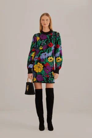 FARM Rio BLACK BUCOLIC GARDEN SWEATER DRESS Outlet