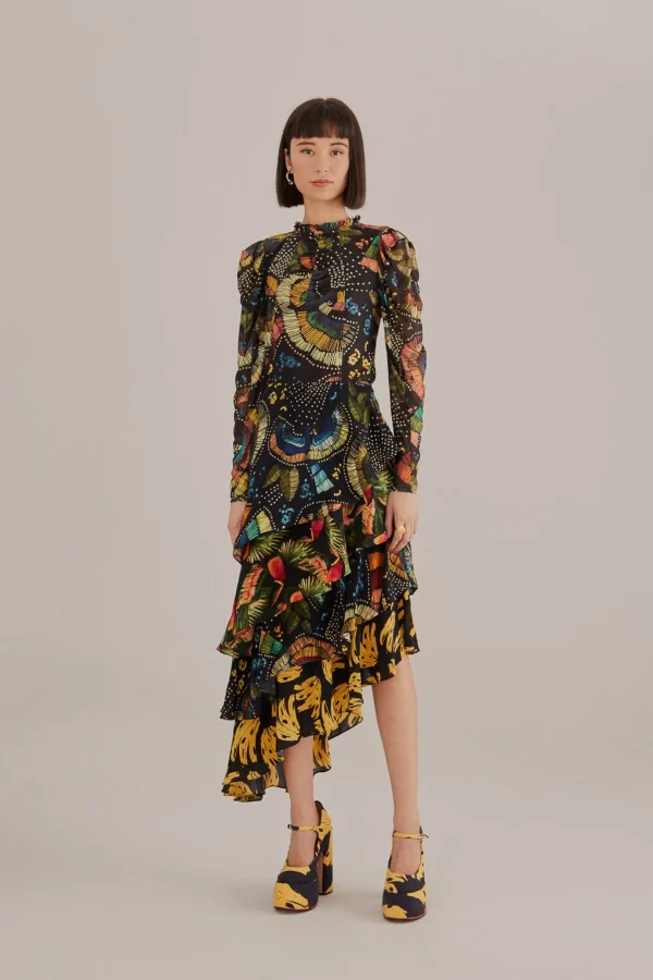 FARM Rio BLACK COLORFUL BIRDS TULLE BLOUSE Store