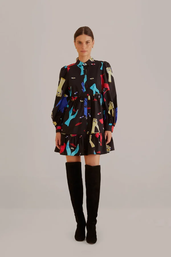 FARM Rio BLACK COLORFUL TOGETHER LONG SLEEVE MINI DRESS Store