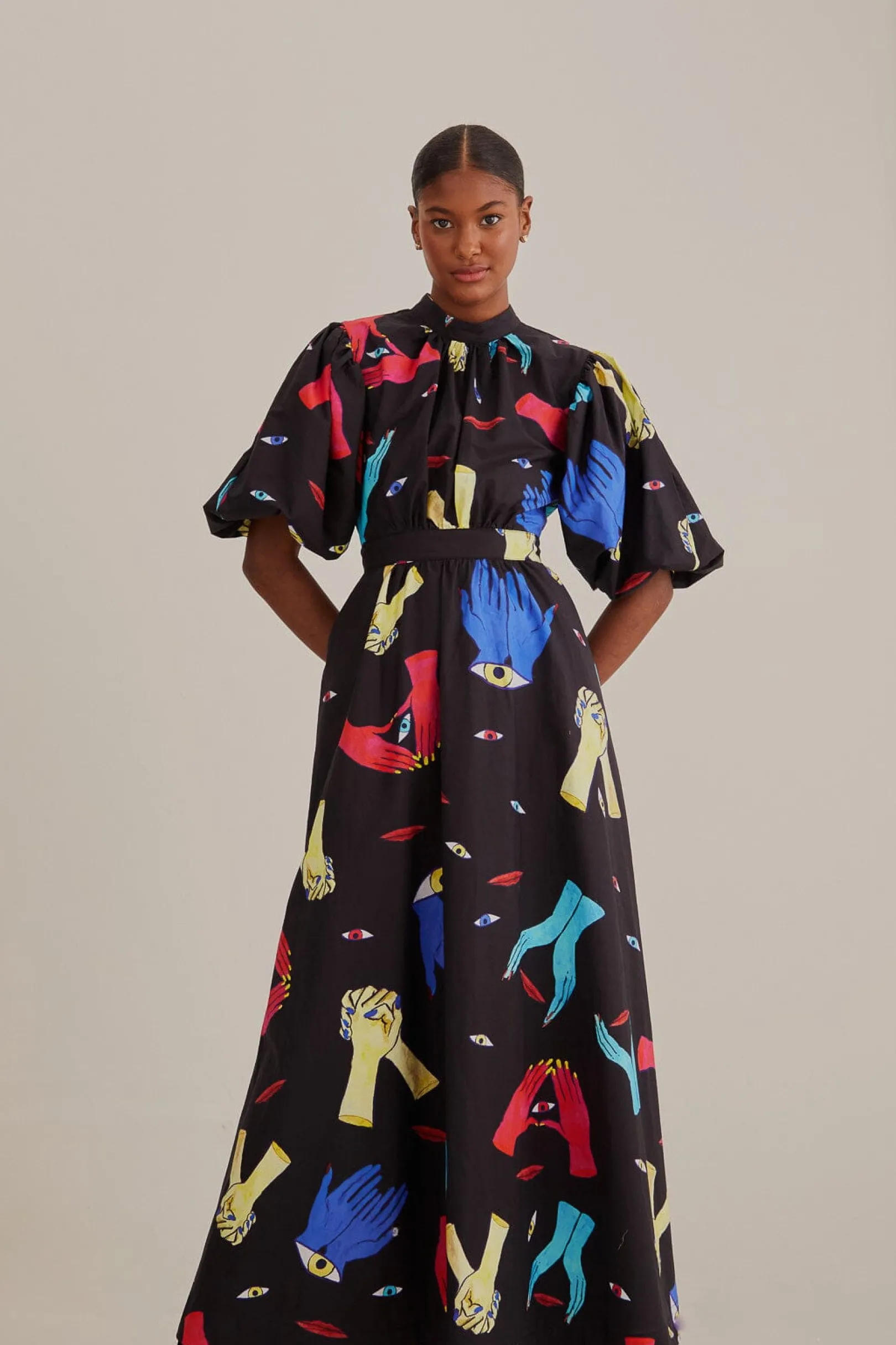 FARM Rio BLACK COLORFUL TOGETHER SHORT SLEEVE MIDI DRESS Cheap