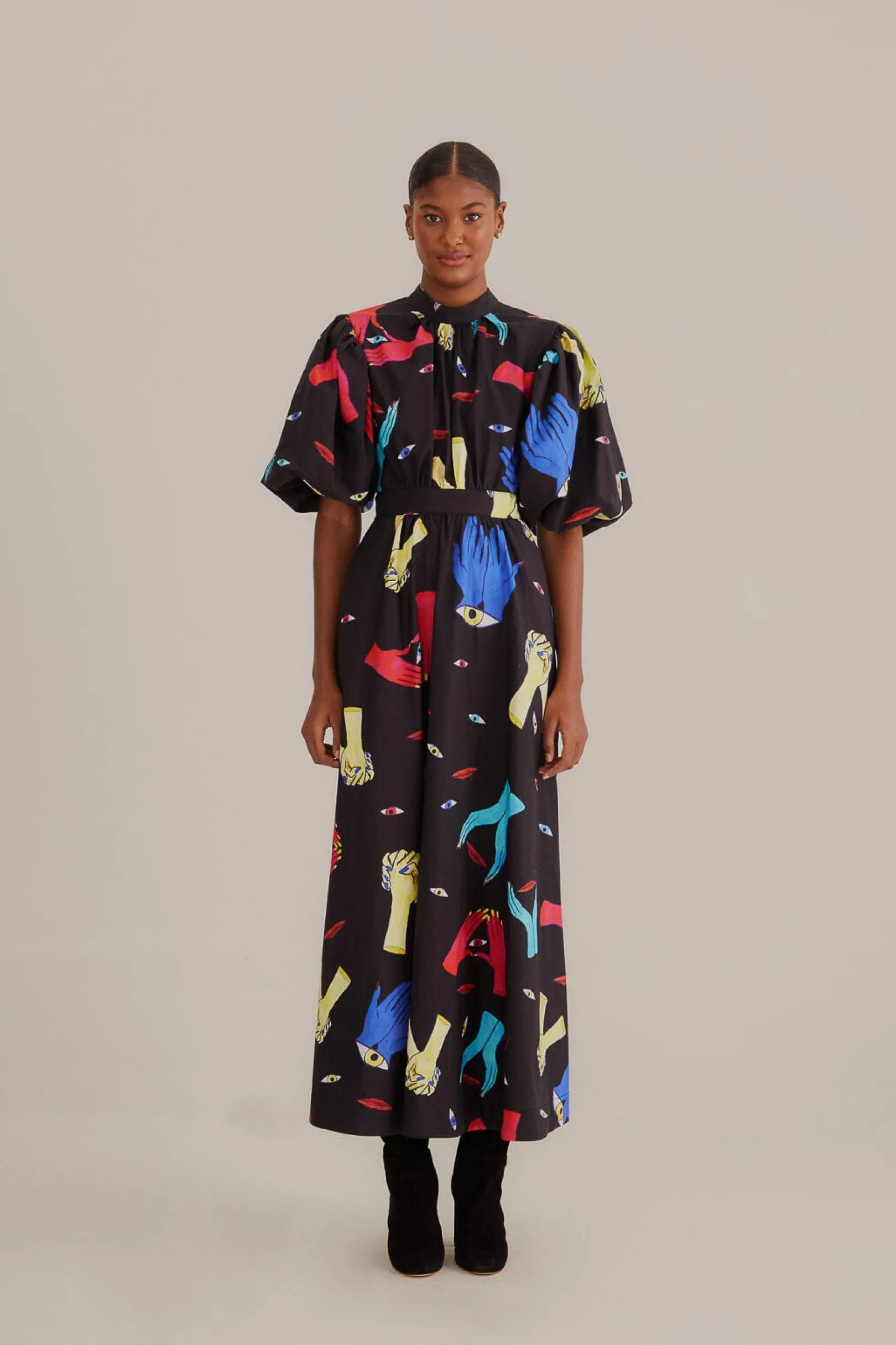 FARM Rio BLACK COLORFUL TOGETHER SHORT SLEEVE MIDI DRESS Cheap