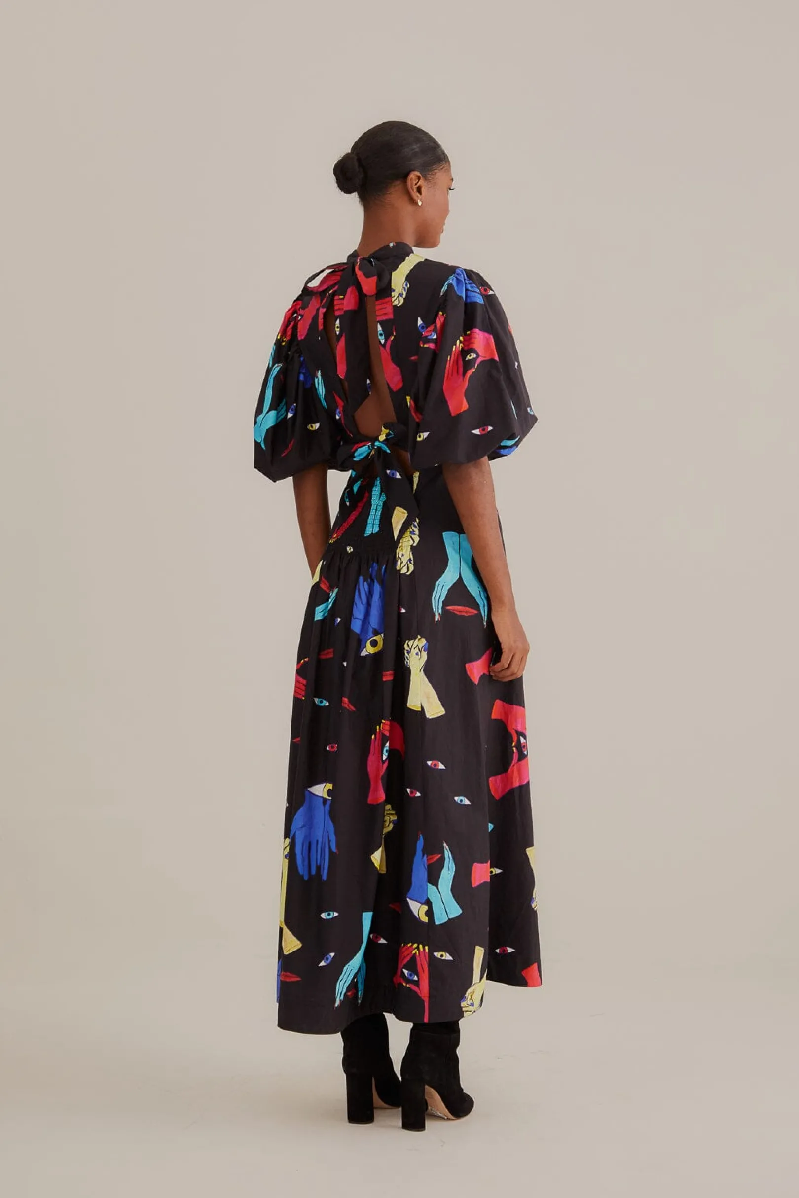FARM Rio BLACK COLORFUL TOGETHER SHORT SLEEVE MIDI DRESS Cheap