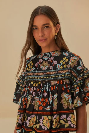 FARM Rio BLACK FLOWERY RUFFLE BLOUSE Cheap