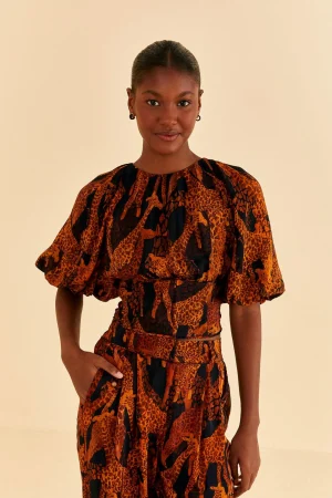 FARM Rio BLACK GIRAFFES PUFF SLEEVE BLOUSE Hot