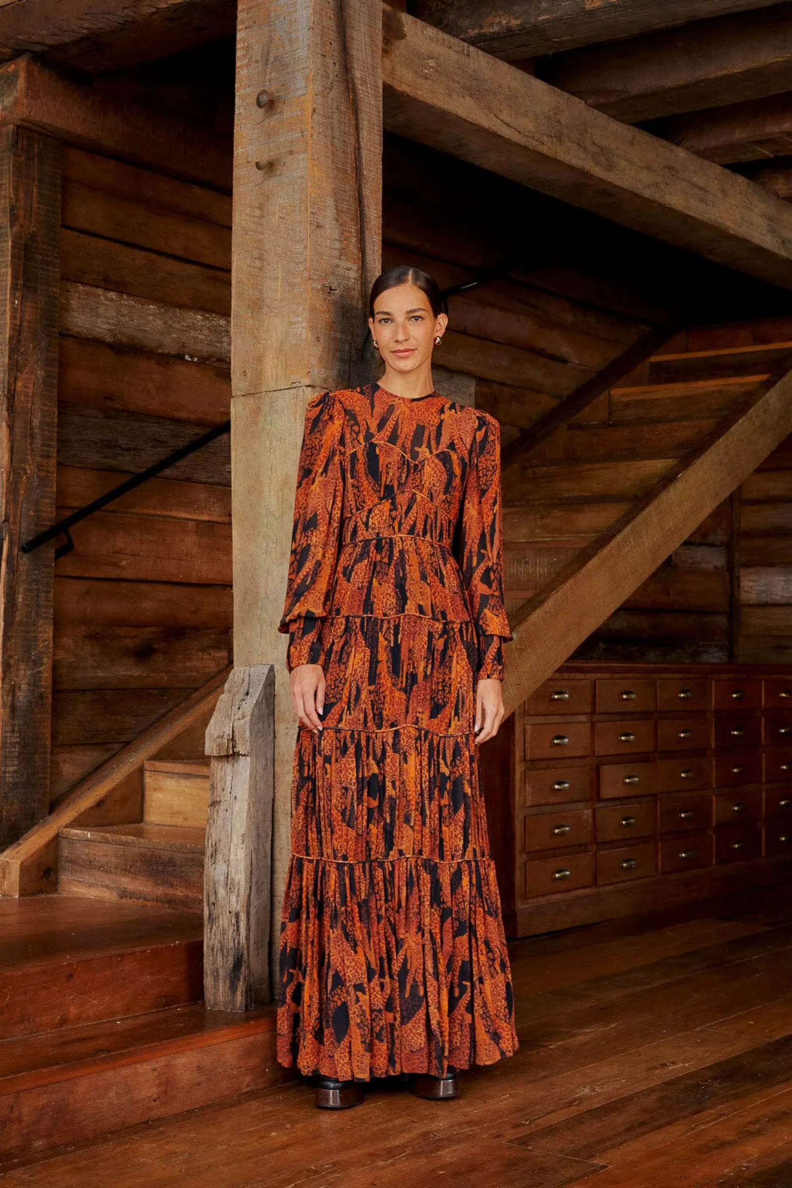 FARM Rio BLACK GIRAFFES PUFF SLEEVE MAXI DRESS Clearance