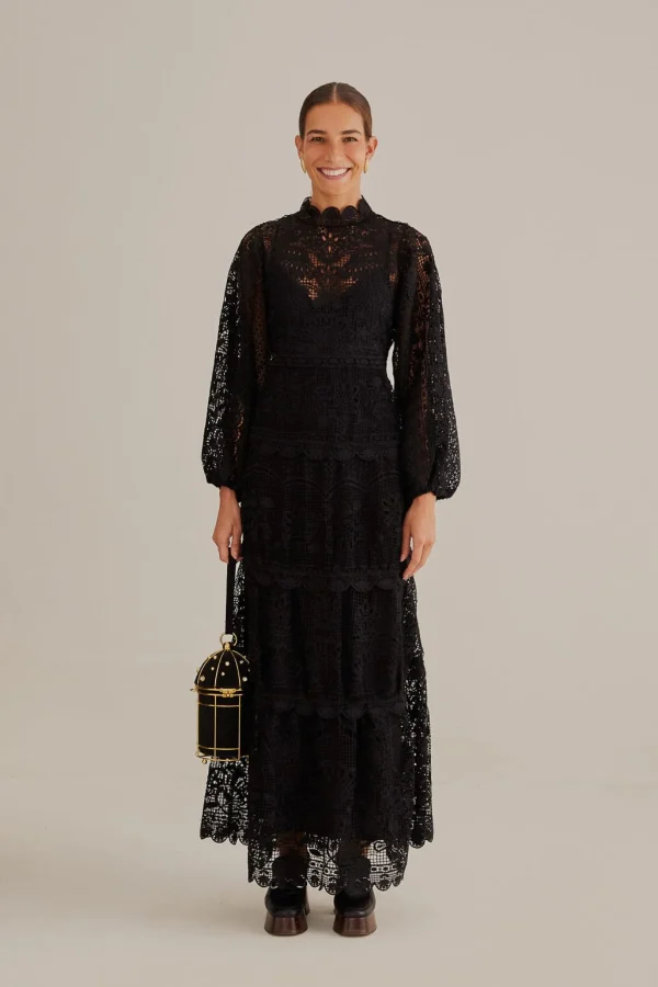 FARM Rio BLACK GUIPURE LONG SLEEVE MAXI DRESS New