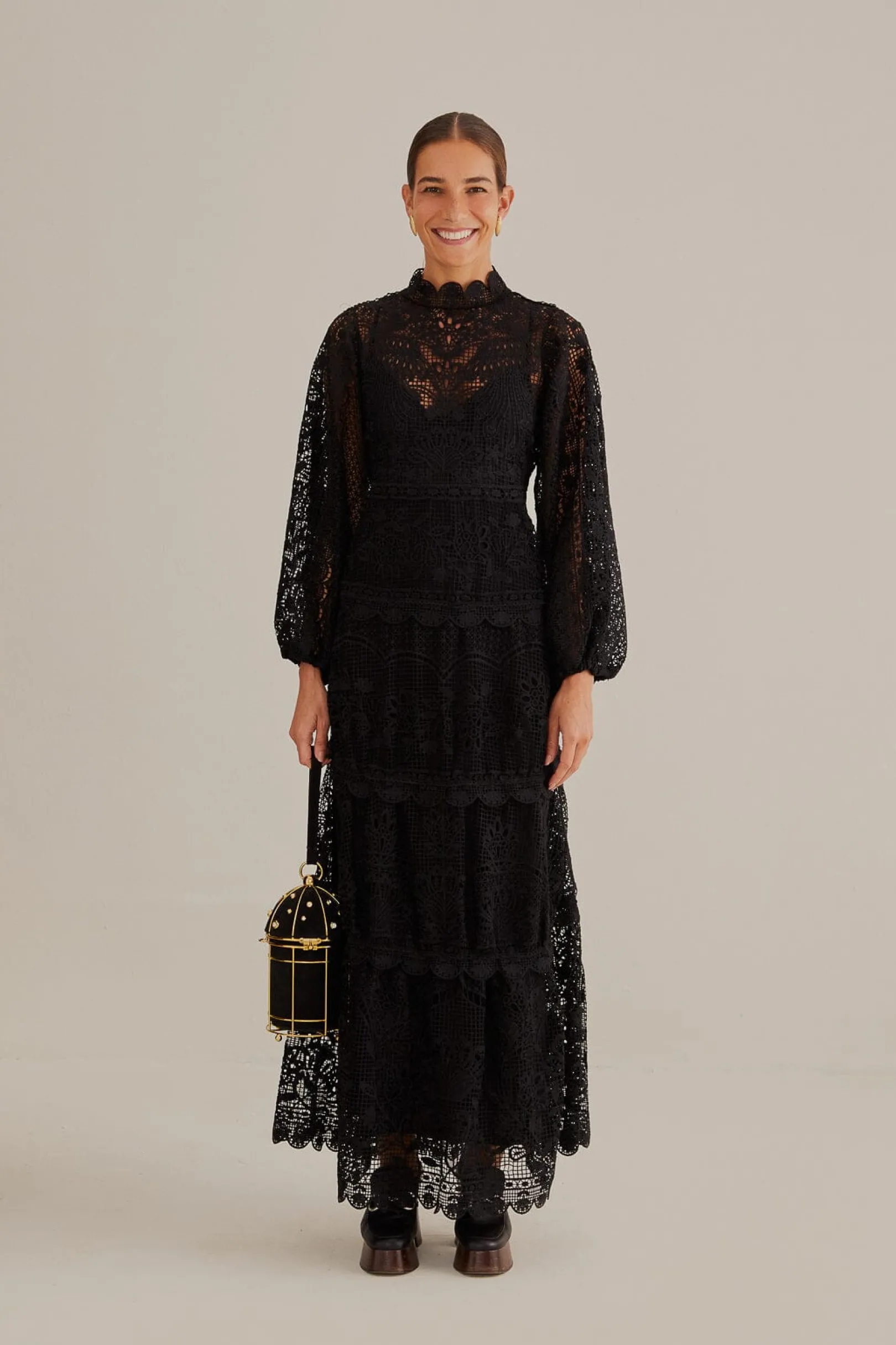 FARM Rio BLACK GUIPURE LONG SLEEVE MAXI DRESS New