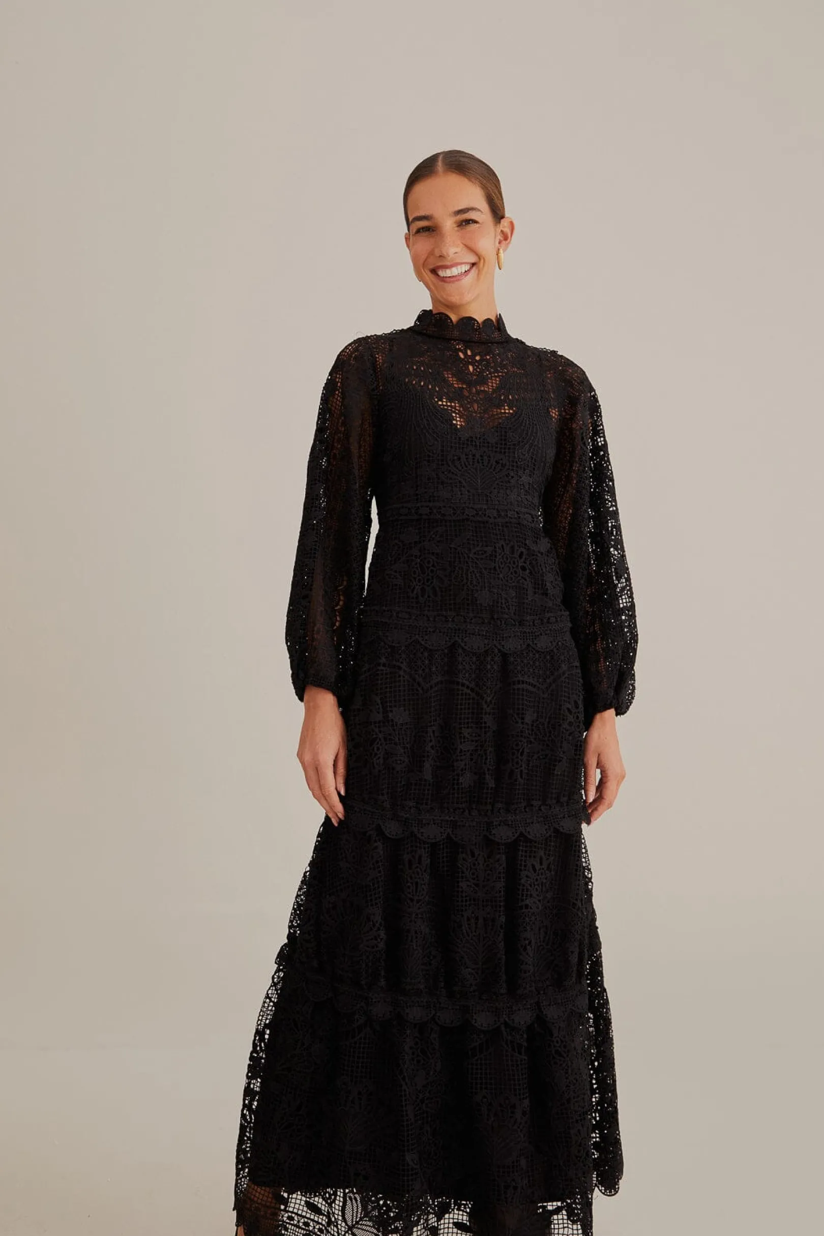 FARM Rio BLACK GUIPURE LONG SLEEVE MAXI DRESS New
