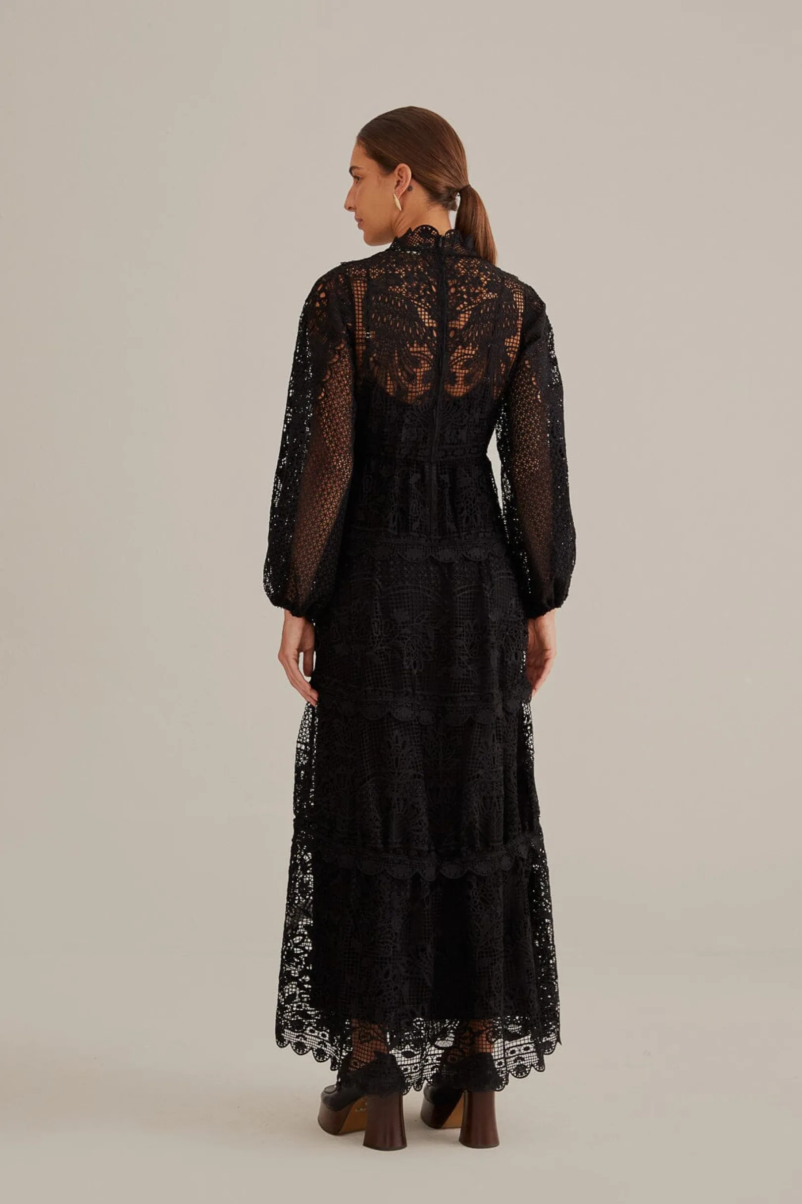 FARM Rio BLACK GUIPURE LONG SLEEVE MAXI DRESS New