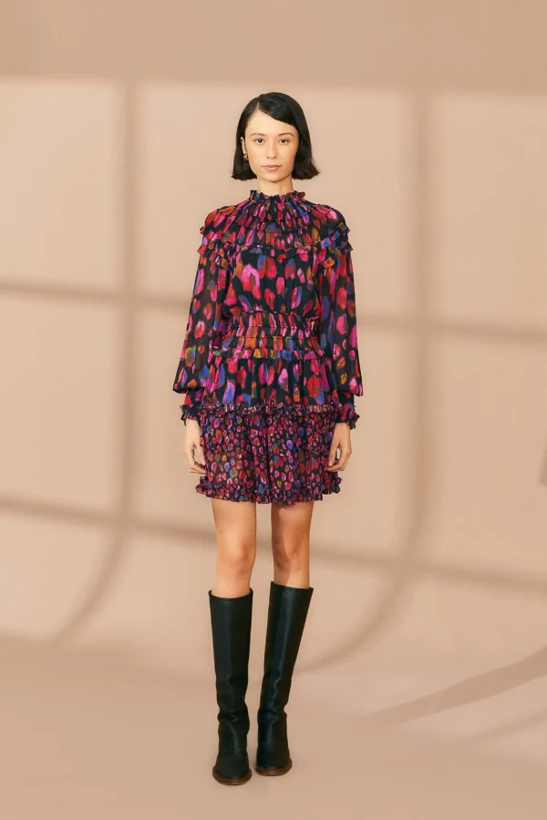 FARM Rio BLACK IRIDESCENT LEOPARDS RUFFLE MINI DRESS Online