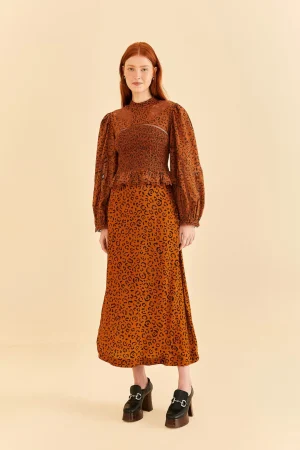 FARM Rio BLACK LEOPARDS TEXTURE MIDI SKIRT Cheap