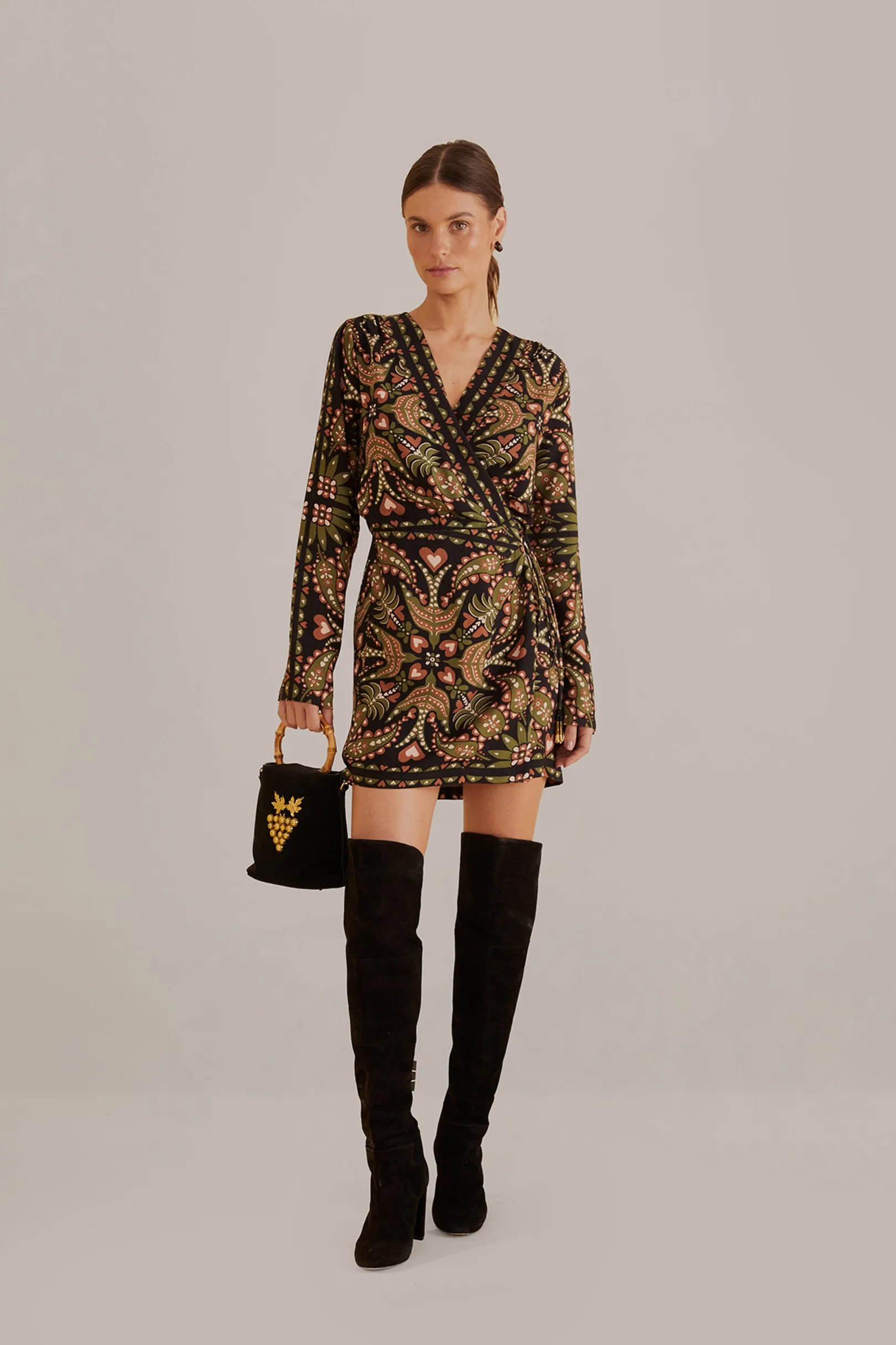 FARM Rio BLACK MARTINA SCARF LONG SLEEVE WRAP MINI DRESS Shop
