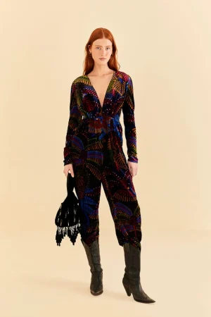FARM Rio BLACK MIDNIGHT ISLAND V NECK VELVET JUMPSUIT Sale