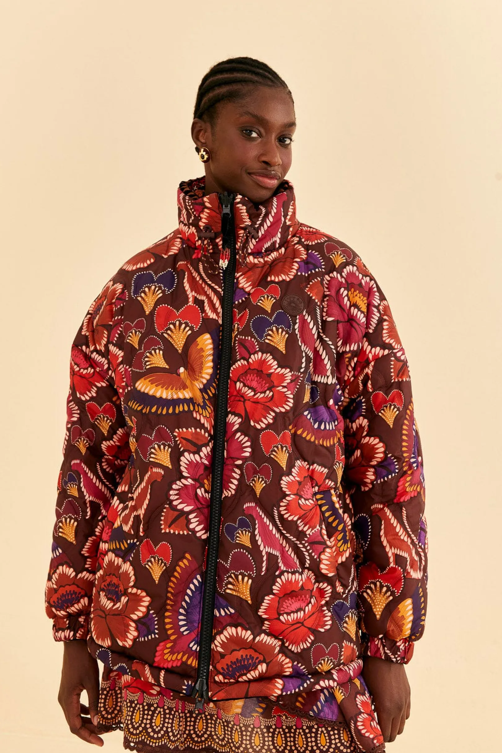 FARM Rio BLACK NATURE BEAUTY EMBROIDERED PUFFER JACKET Hot