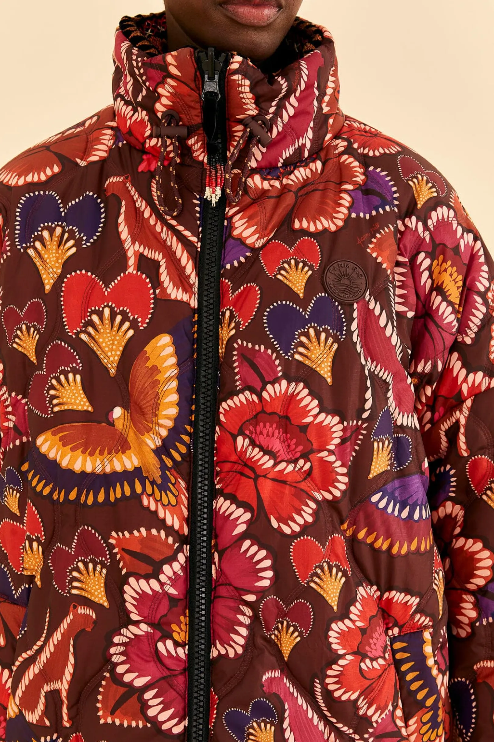 FARM Rio BLACK NATURE BEAUTY EMBROIDERED PUFFER JACKET Hot