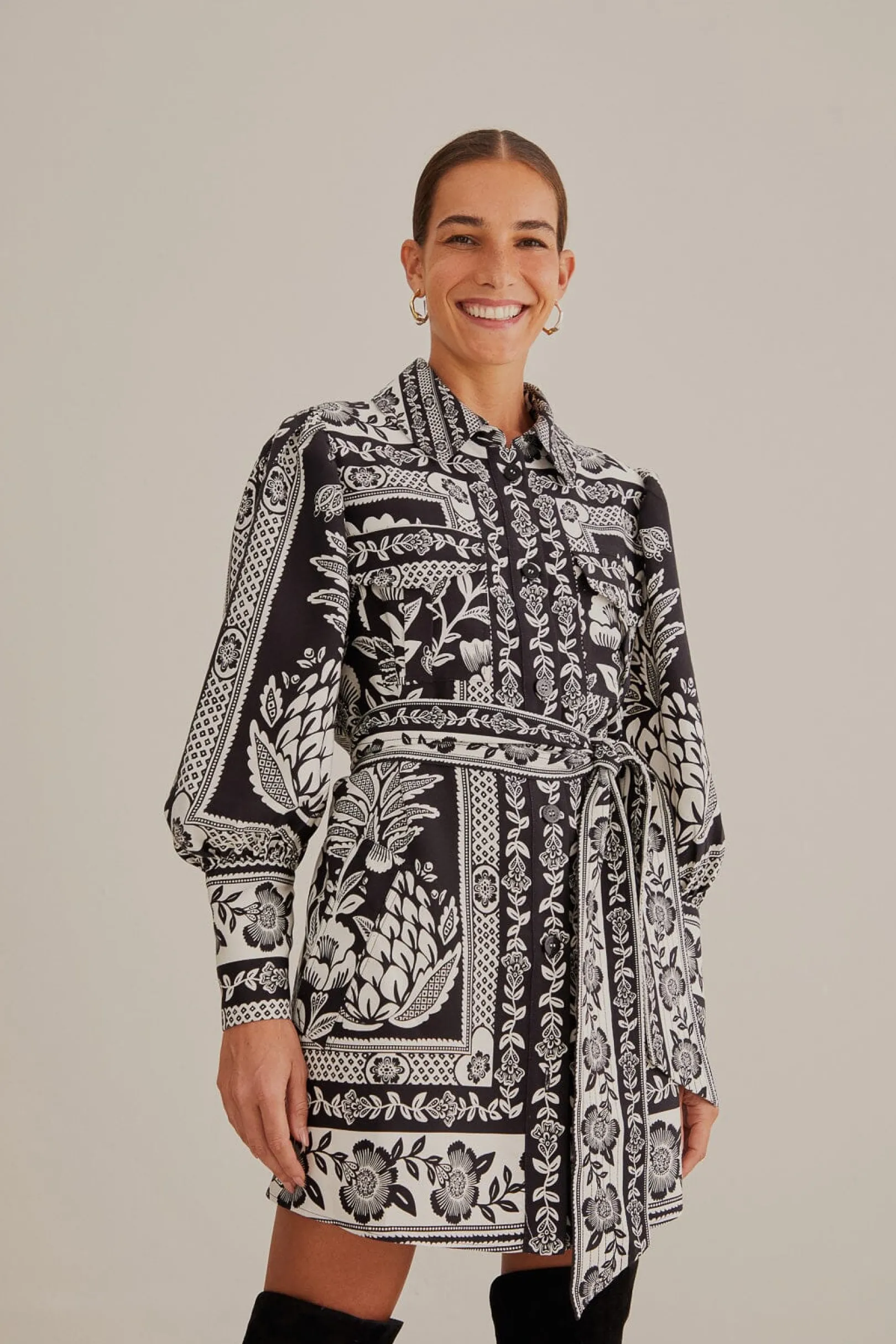 FARM Rio BLACK PINEAPPLE GARDEN LONG SLEEVE SHIRTDRESS Cheap