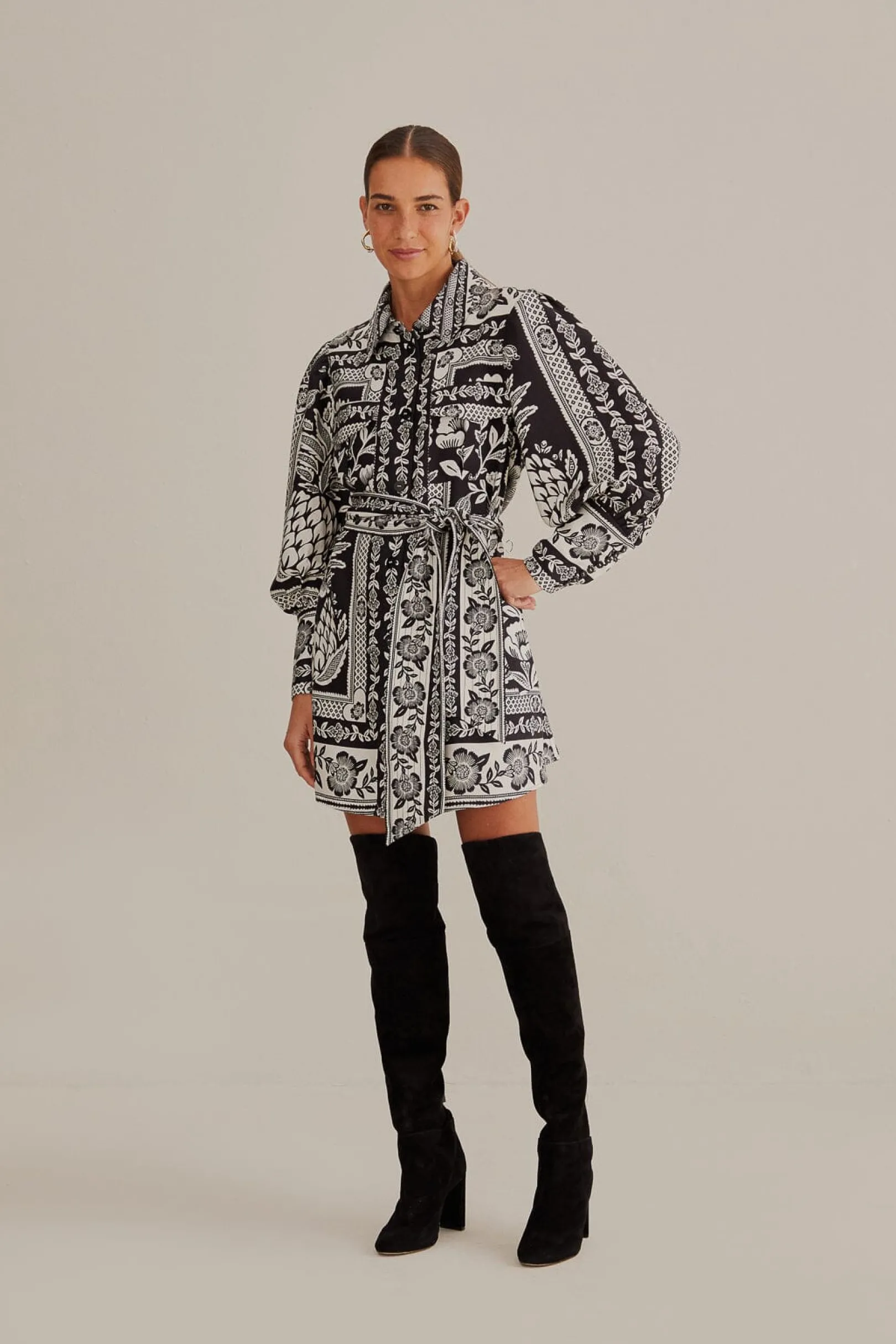 FARM Rio BLACK PINEAPPLE GARDEN LONG SLEEVE SHIRTDRESS Cheap