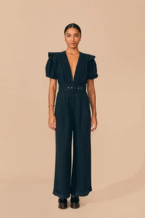 FARM Rio BLACK PLEATED SHORT SLEEVE JUMPSUIT Clearance