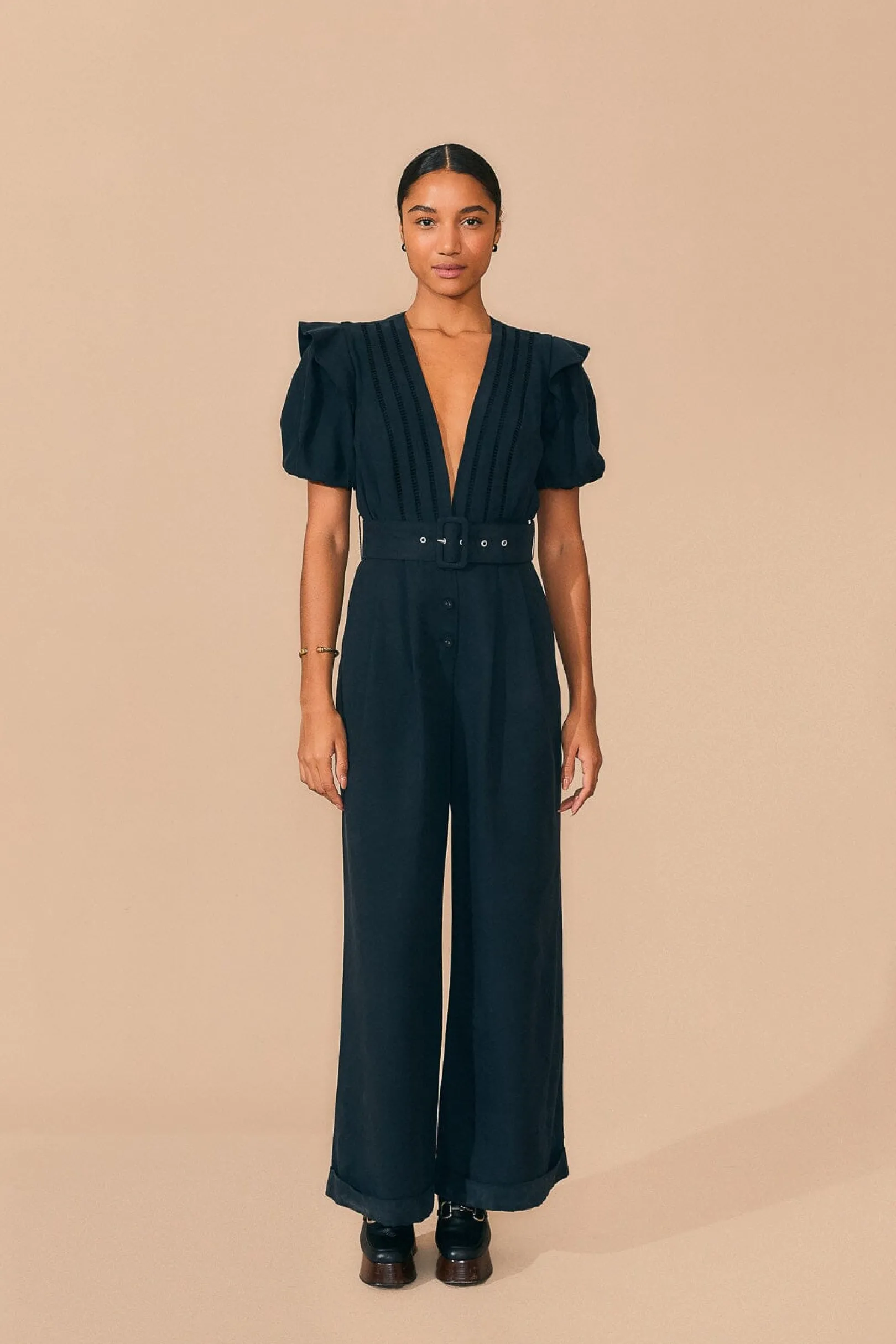 FARM Rio BLACK PLEATED SHORT SLEEVE JUMPSUIT Clearance