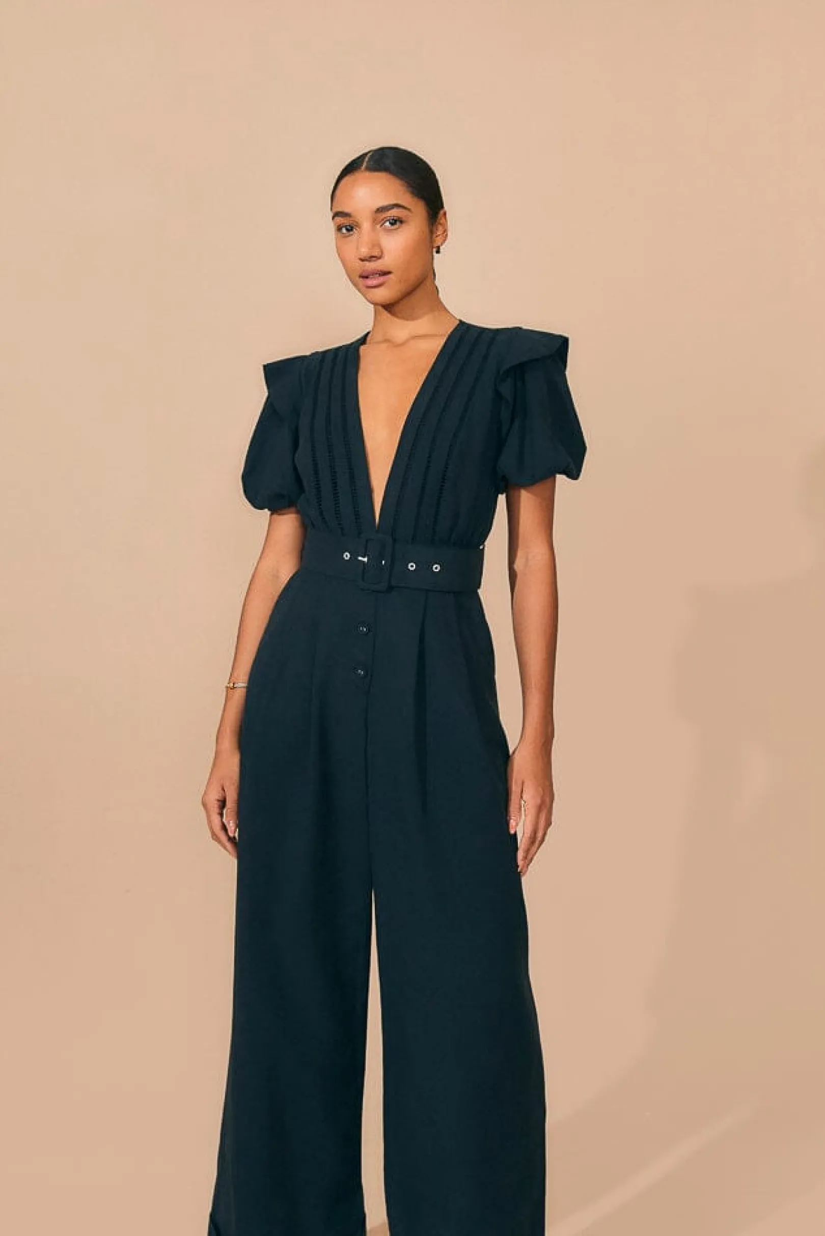 FARM Rio BLACK PLEATED SHORT SLEEVE JUMPSUIT Clearance