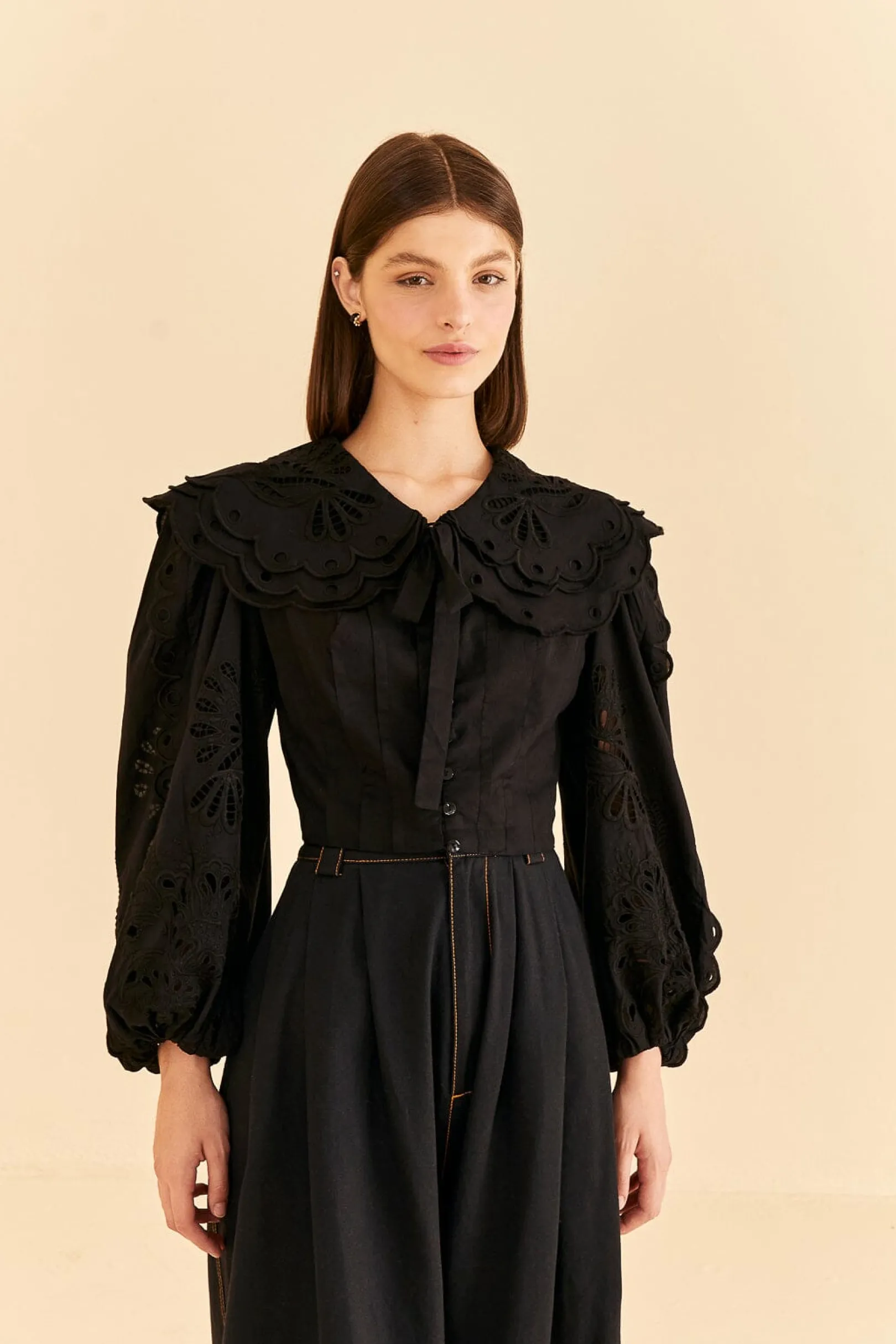 FARM Rio BLACK RICHELIEU BIG COLLAR BLOUSE New