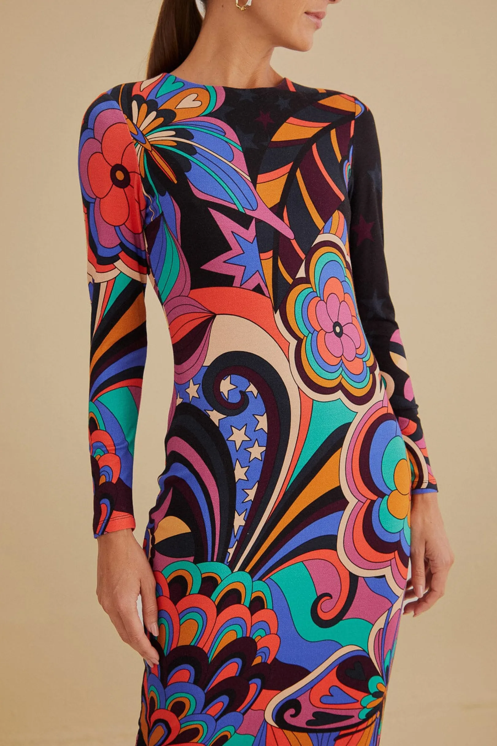 FARM Rio BLACK 70S VIBE LENZING™ ECOVERO™ VISCOSE MIDI DRESS Store