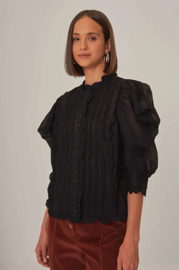 FARM Rio BLACK SHORT SLEEVE PLEATED BLOUSE Discount