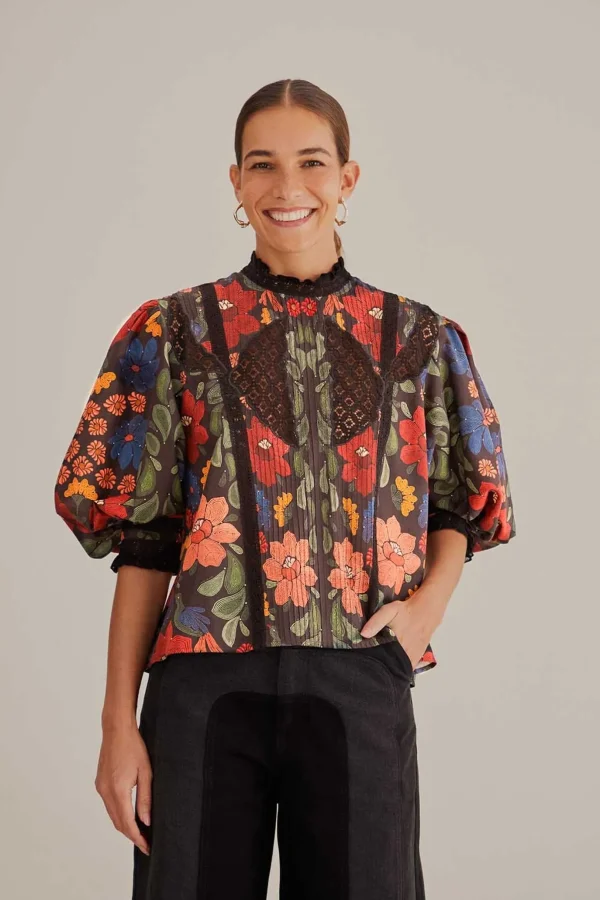 FARM Rio BLACK STITCHED FLOWERS SHORT SLEEVE BLOUSE Best