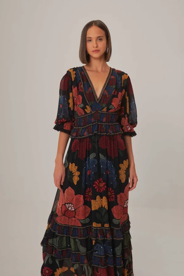 FARM Rio BLACK STITCHED GARDEN SHORT SLEEVE MAXI DRESS Cheap