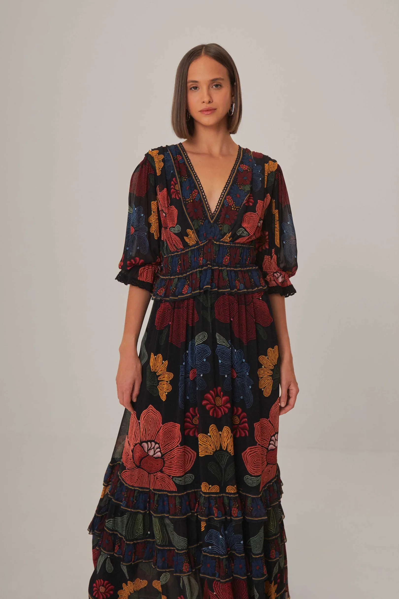 FARM Rio BLACK STITCHED GARDEN SHORT SLEEVE MAXI DRESS Cheap