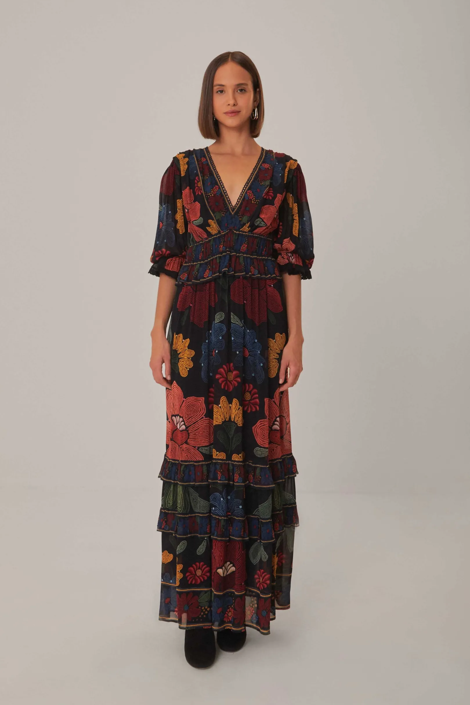 FARM Rio BLACK STITCHED GARDEN SHORT SLEEVE MAXI DRESS Cheap